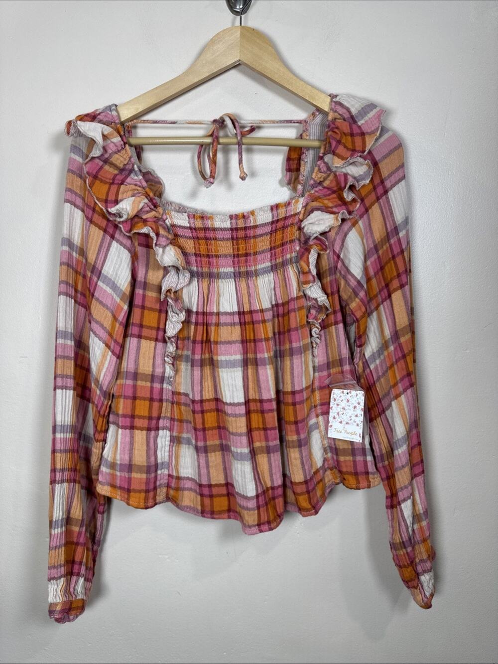 NWT We The Free Womens Peasant Blouse Plaid Ruffle Ruched